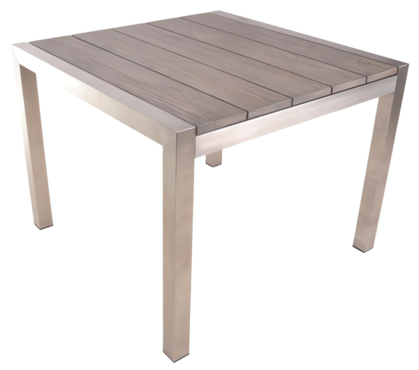Tisch Majuro Teak A-grade geölt, grey washed, Edelstahl gebürstet, 100cm x 100cm x 77cm