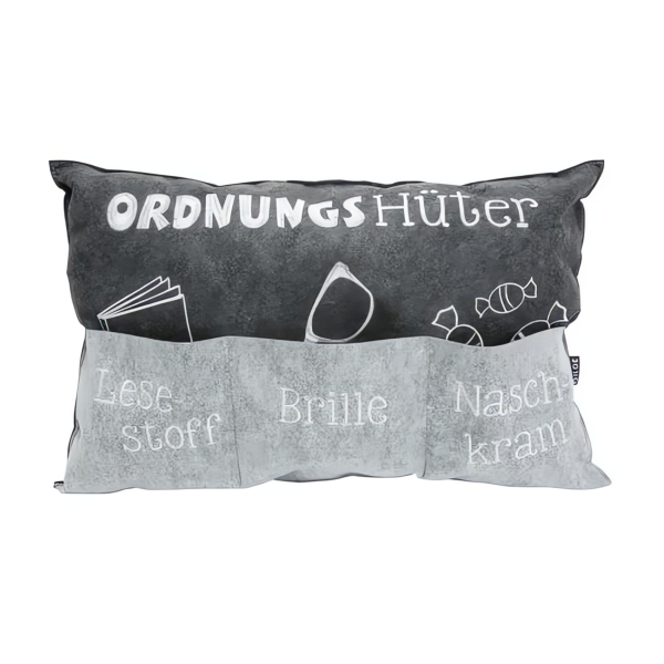 Kissen Ordnungshüter hellgrau/dunkelgrau mit Taschen, bestickt