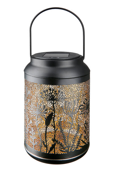 Laterne (Solar) „Opreto“, Blumenmuster, Kunststoff, Metall, schwarz