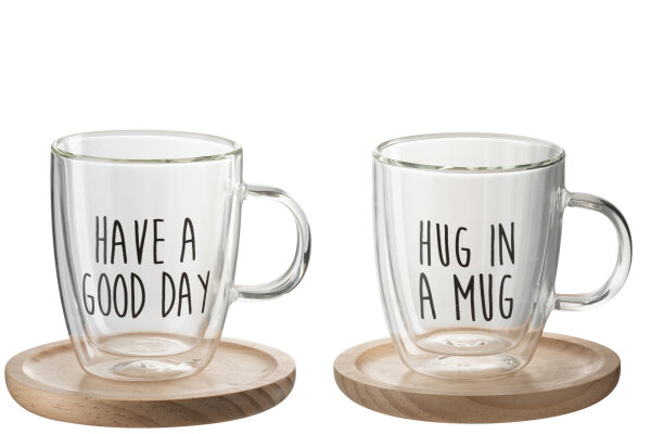 Tasse & Untertasse mit Text Glas/Holz 2er Set