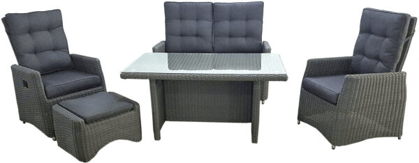 Lounge-Comfort-Gruppe Roseville 2 Sessel, 1 Sofa, 1 Hocker, 1 Dining-Tisch
Aluminiumgestell / 
Kunststoffgeflecht rustic-vintage
incl. Kissen, verstellbare Rückenlehnen